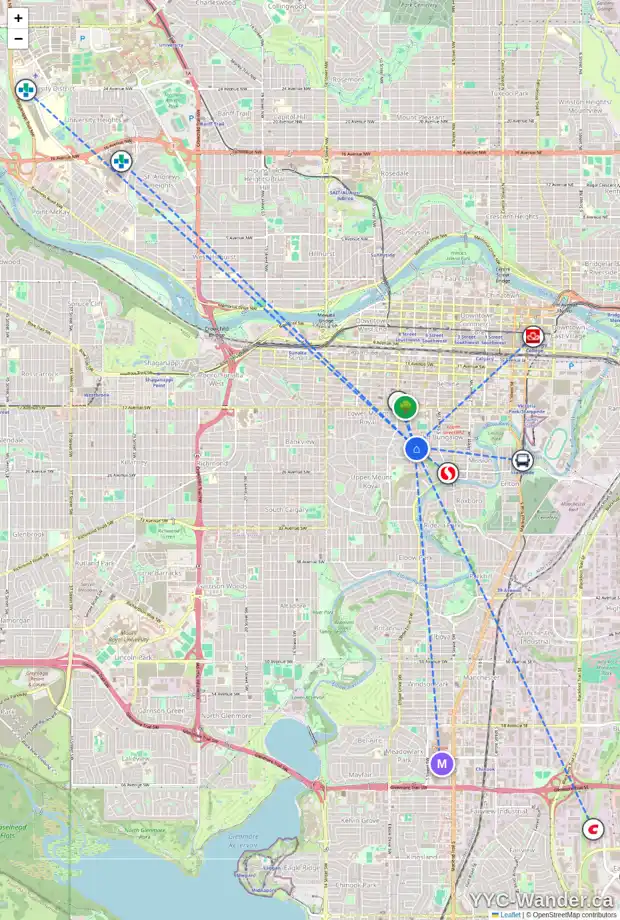 Daily accessibility map for 2121 HOPE ST SW, Calgary showing nearby schools, grocery stores, parks, LRT stations and nearby amenities