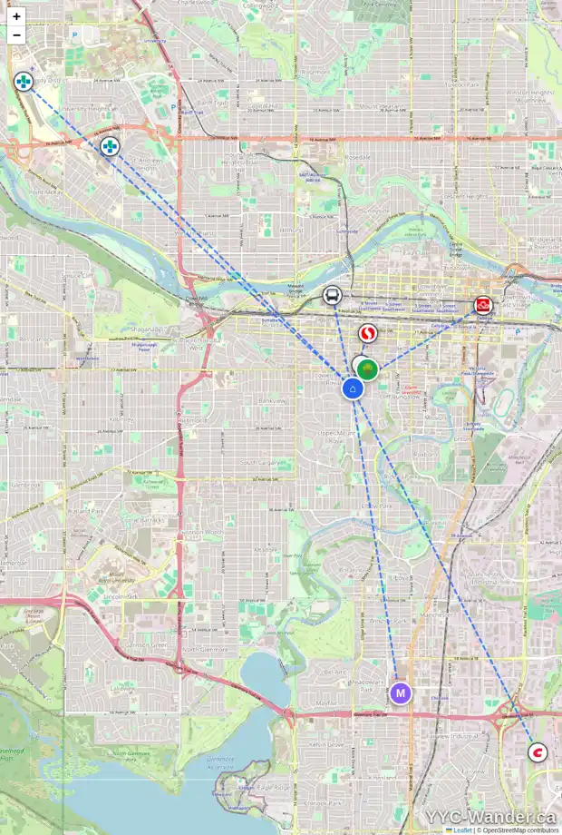 Daily accessibility map for 1 931 19 AV SW, Calgary showing nearby schools, grocery stores, parks, LRT stations and nearby amenities