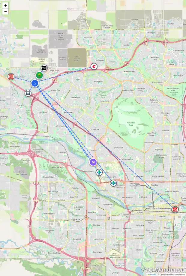 Daily accessibility map for 220 ROYAL ELM RD NW, Calgary showing nearby schools, grocery stores, parks, LRT stations and nearby amenities