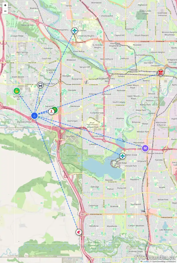 Daily accessibility map for 3 7401 SPRINGBANK BV SW, Calgary showing nearby schools, grocery stores, parks, LRT stations and nearby amenities