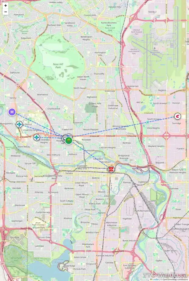 Daily accessibility map for 108 1726 14 AV NW, Calgary showing nearby schools, grocery stores, parks, LRT stations and nearby amenities