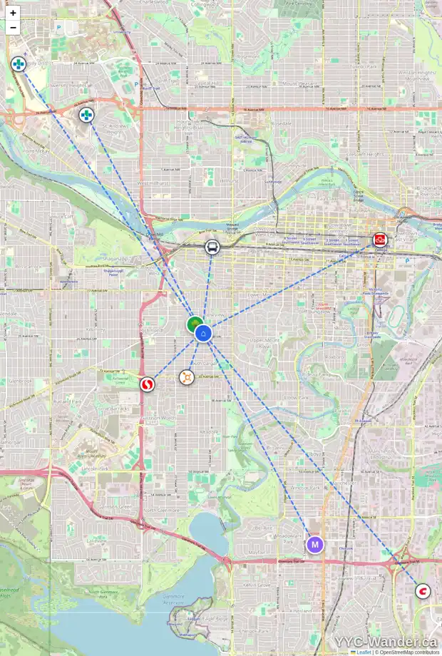 Daily accessibility map for 25 1813 25 AV SW, Calgary showing nearby schools, grocery stores, parks, LRT stations and nearby amenities