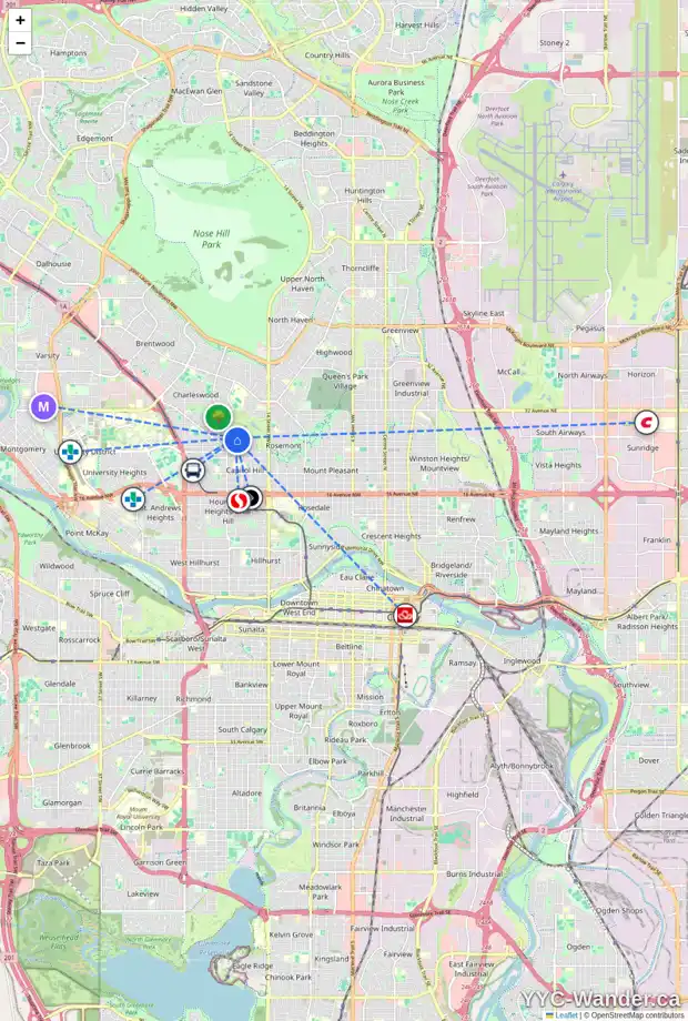 Daily accessibility map for 2729 17A ST NW, Calgary showing nearby schools, grocery stores, parks, LRT stations and nearby amenities