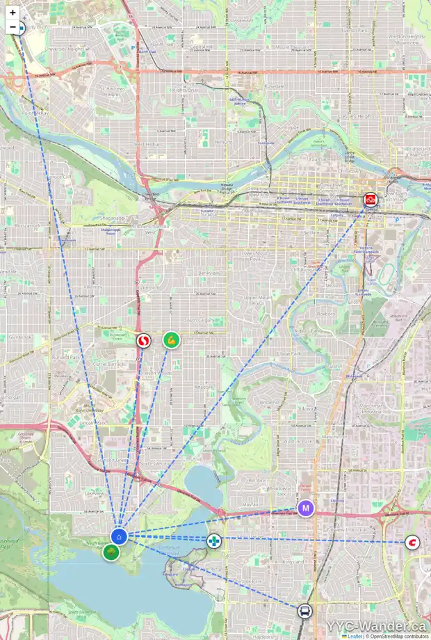 Daily accessibility map for 2723 LINDEN DR SW, Calgary showing nearby schools, grocery stores, parks, LRT stations and nearby amenities