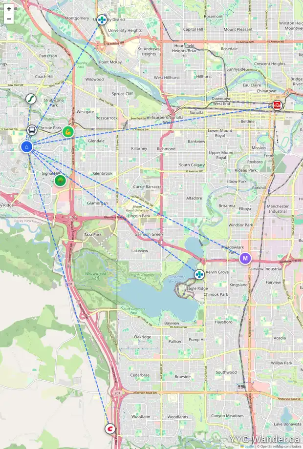 Daily accessibility map for 12 SPRINGBOROUGH PT SW, Calgary showing nearby schools, grocery stores, parks, LRT stations and nearby amenities
