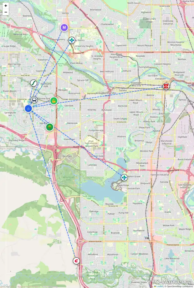 Daily accessibility map for 351 SPRINGBOROUGH WY SW, Calgary showing nearby schools, grocery stores, parks, LRT stations and nearby amenities
