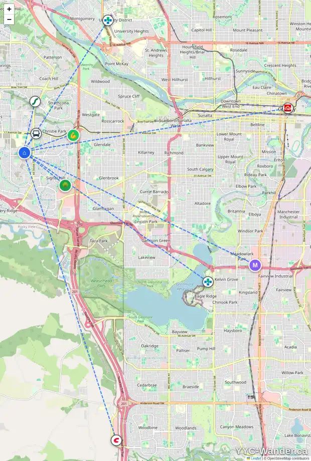 Daily accessibility map for 387 SPRINGBOROUGH WY SW, Calgary showing nearby schools, grocery stores, parks, LRT stations and nearby amenities