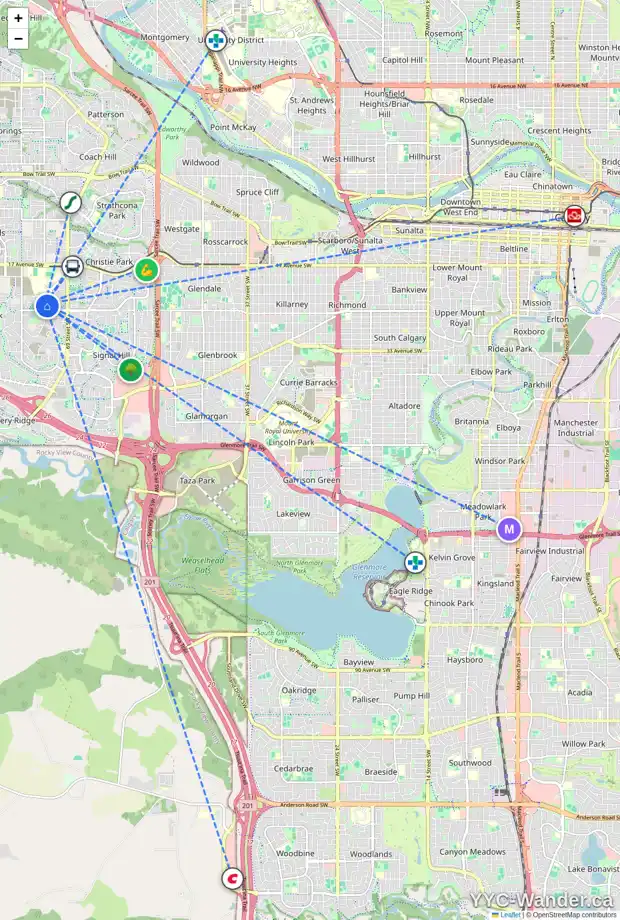 Daily accessibility map for 6 SPRINGBOROUGH WY SW, Calgary showing nearby schools, grocery stores, parks, LRT stations and nearby amenities