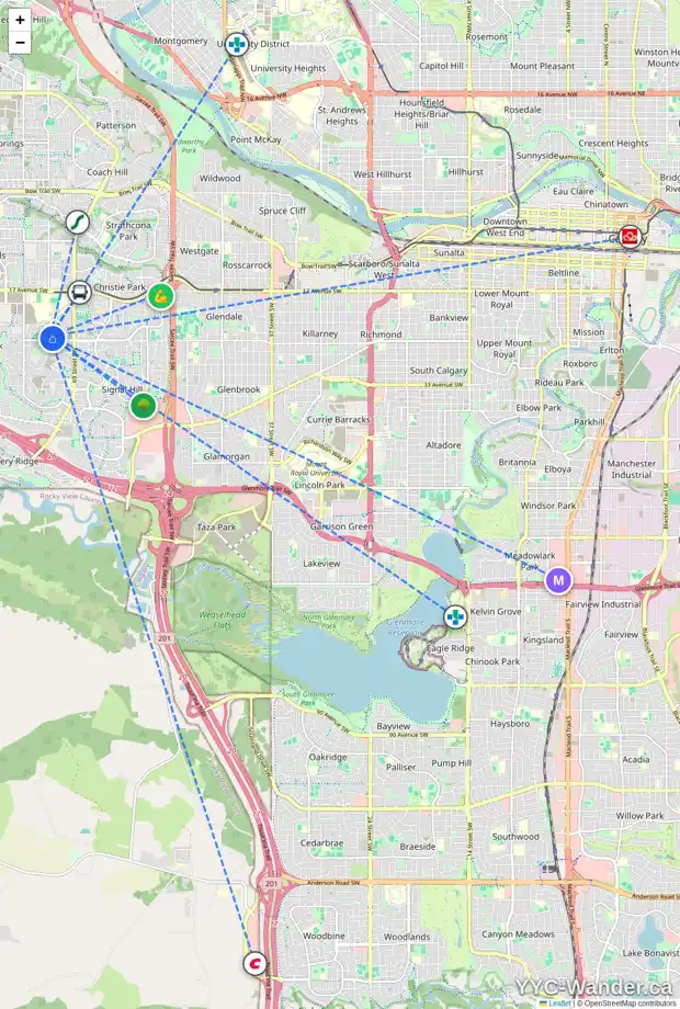 Daily accessibility map for 7 SPRINGBOROUGH WY SW, Calgary showing nearby schools, grocery stores, parks, LRT stations and nearby amenities