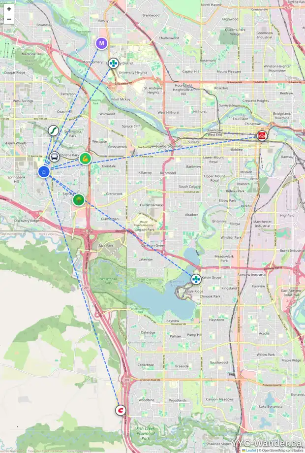 Daily accessibility map for 77 SPRINGBOROUGH BV SW, Calgary showing nearby schools, grocery stores, parks, LRT stations and nearby amenities
