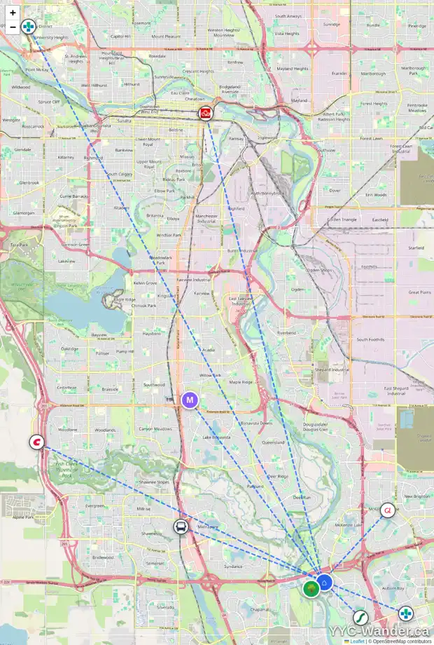 Daily accessibility map for 86 CRANLEIGH PA SE, Calgary showing nearby schools, grocery stores, parks, LRT stations and nearby amenities