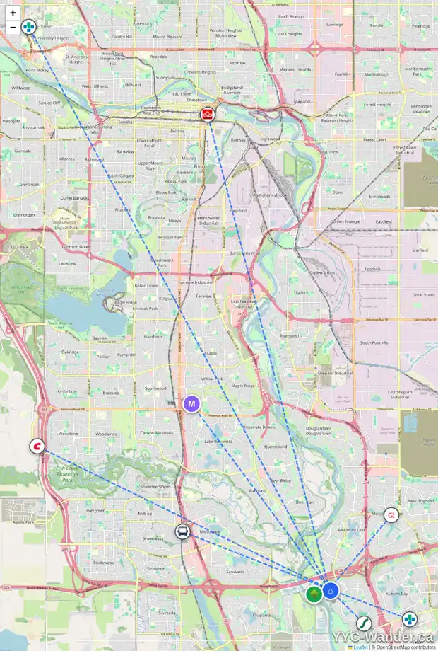 Daily accessibility map for 19 CRANLEIGH WY SE, Calgary showing nearby schools, grocery stores, parks, LRT stations and nearby amenities