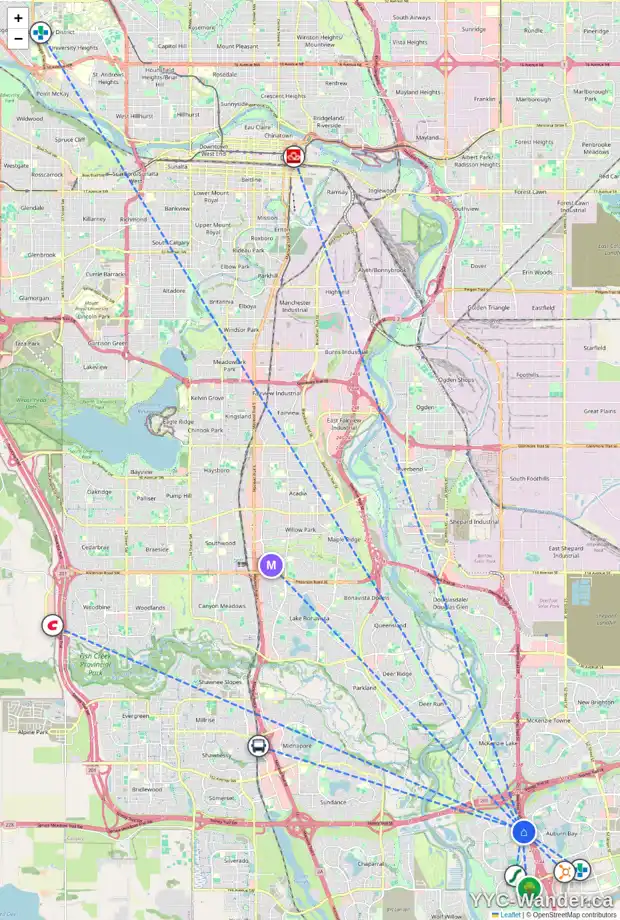 Daily accessibility map for 87 CRANBERRY SQ SE, Calgary showing nearby schools, grocery stores, parks, LRT stations and nearby amenities