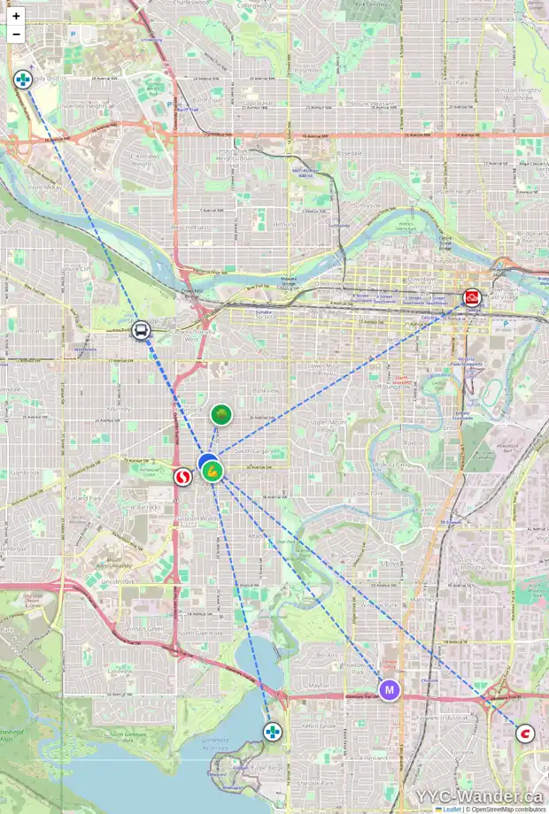 Daily accessibility map for 2139 32 AV SW, Calgary showing nearby schools, grocery stores, parks, LRT stations and nearby amenities