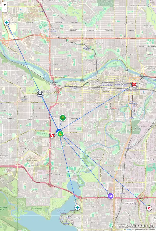 Daily accessibility map for 3306 21 ST SW, Calgary showing nearby schools, grocery stores, parks, LRT stations and nearby amenities