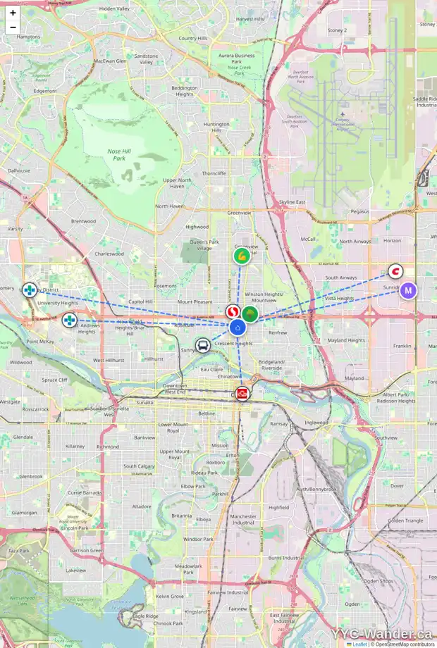 Daily accessibility map for 206 13 AV NE, Calgary showing nearby schools, grocery stores, parks, LRT stations and nearby amenities