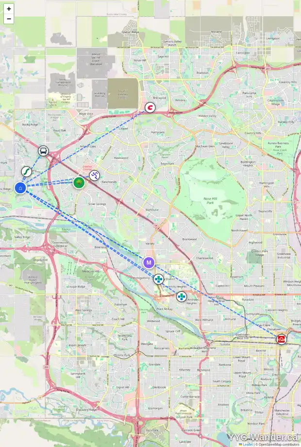 Daily accessibility map for 90 TUSCANY VISTA RD NW, Calgary showing nearby schools, grocery stores, parks, LRT stations and nearby amenities
