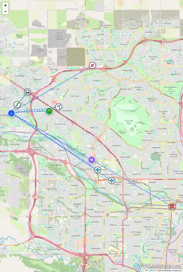 Daily accessibility map for 266 TUSCANY VISTA RD NW, Calgary showing nearby schools, grocery stores, parks, LRT stations and nearby amenities