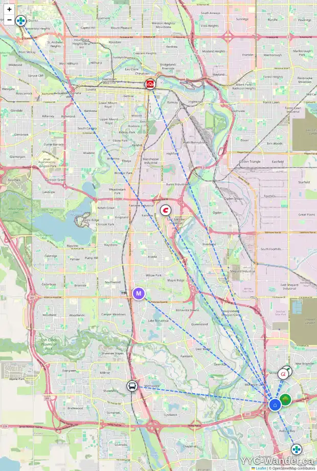 Daily accessibility map for 350 ELGIN VW SE, Calgary showing nearby schools, grocery stores, parks, LRT stations and nearby amenities