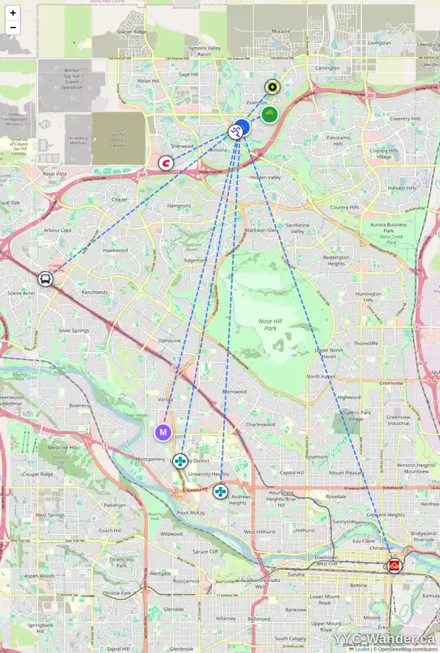 Daily accessibility map for 130 EVANSBROOKE WY NW, Calgary showing nearby schools, grocery stores, parks, LRT stations and nearby amenities