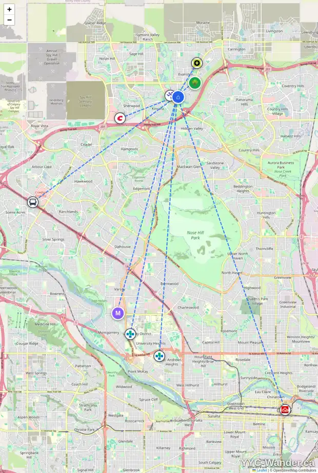 Daily accessibility map for 23 EVANSBROOKE LD NW, Calgary showing nearby schools, grocery stores, parks, LRT stations and nearby amenities