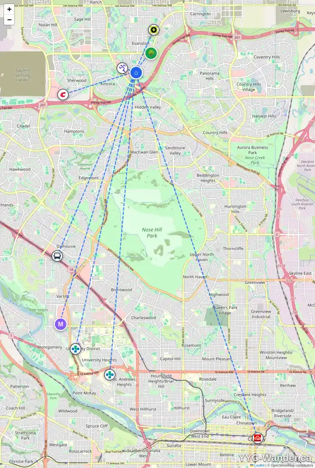 Daily accessibility map for 26 EVANSBROOKE PA NW, Calgary showing nearby schools, grocery stores, parks, LRT stations and nearby amenities