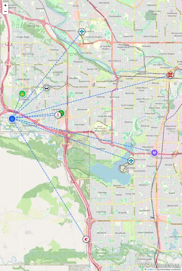 Daily accessibility map for 345 DISCOVERY RIDGE BV SW, Calgary showing nearby schools, grocery stores, parks, LRT stations and nearby amenities