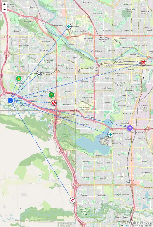 Daily accessibility map for 330 DISCOVERY RIDGE BV SW, Calgary showing nearby schools, grocery stores, parks, LRT stations and nearby amenities