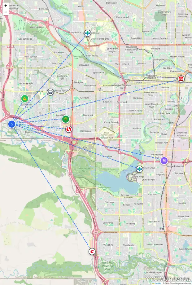Daily accessibility map for 390 DISCOVERY RIDGE BV SW, Calgary showing nearby schools, grocery stores, parks, LRT stations and nearby amenities