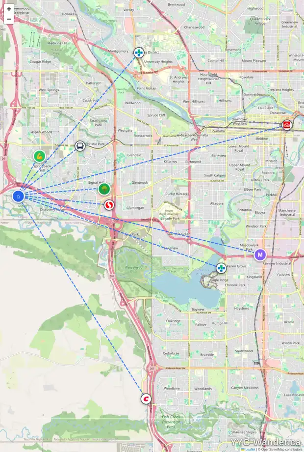 Daily accessibility map for 398 DISCOVERY RIDGE BV SW, Calgary showing nearby schools, grocery stores, parks, LRT stations and nearby amenities