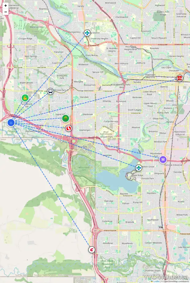 Daily accessibility map for 410 DISCOVERY RIDGE BV SW, Calgary showing nearby schools, grocery stores, parks, LRT stations and nearby amenities