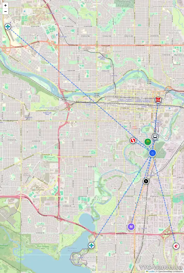 Daily accessibility map for 39 31 AV SW, Calgary showing nearby schools, grocery stores, parks, LRT stations and nearby amenities