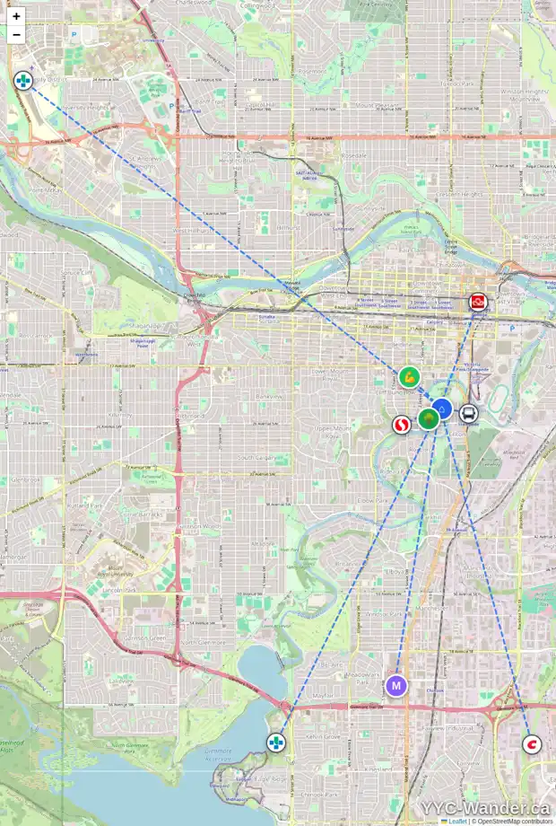 Daily accessibility map for 106 23 AV SW, Calgary showing nearby schools, grocery stores, parks, LRT stations and nearby amenities