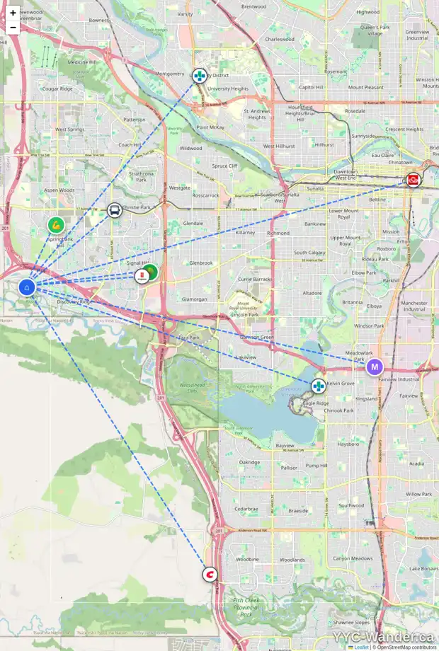 Daily accessibility map for 222 DISCOVERY RIDGE TC SW, Calgary showing nearby schools, grocery stores, parks, LRT stations and nearby amenities