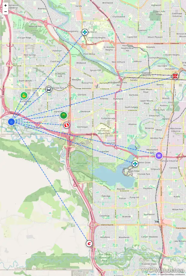 Daily accessibility map for 226 DISCOVERY RIDGE TC SW, Calgary showing nearby schools, grocery stores, parks, LRT stations and nearby amenities