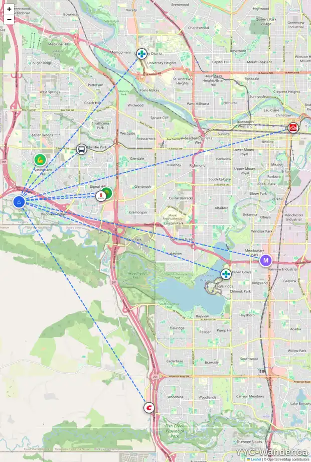 Daily accessibility map for 254 DISCOVERY RIDGE TC SW, Calgary showing nearby schools, grocery stores, parks, LRT stations and nearby amenities