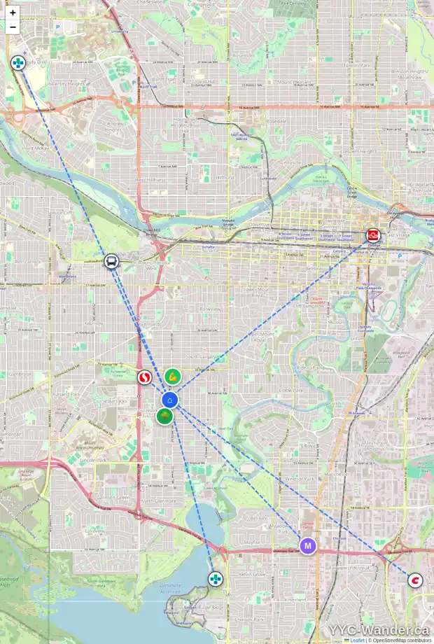 Daily accessibility map for 58 SOMME BV SW, Calgary showing nearby schools, grocery stores, parks, LRT stations and nearby amenities