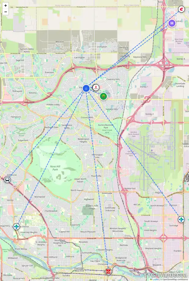 Daily accessibility map for 45 PANAMOUNT HL NW, Calgary showing nearby schools, grocery stores, parks, LRT stations and nearby amenities