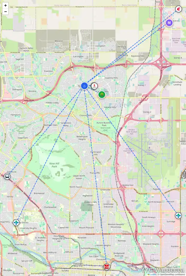Daily accessibility map for 23 PANAMOUNT HL NW, Calgary showing nearby schools, grocery stores, parks, LRT stations and nearby amenities