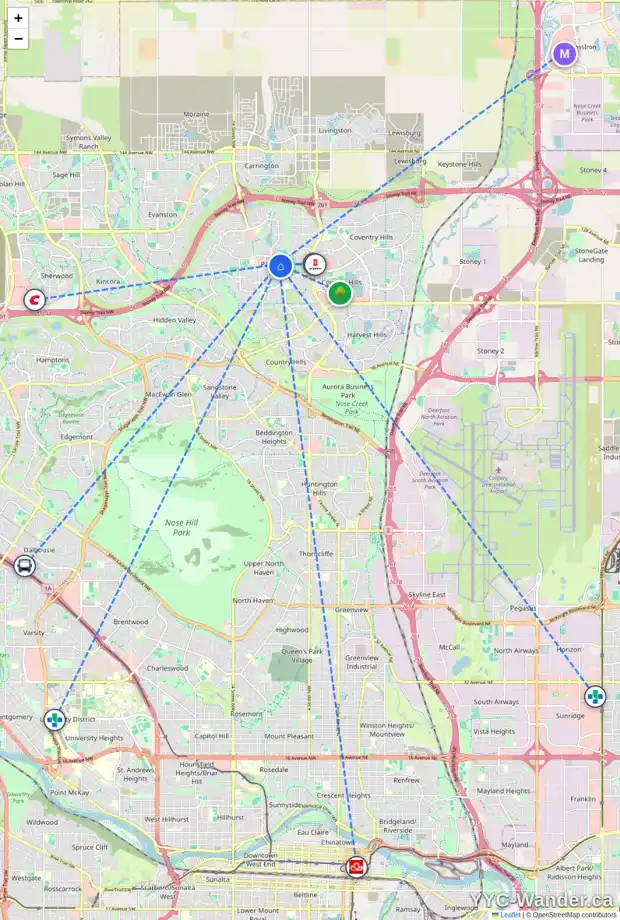 Daily accessibility map for 44 PANAMOUNT RI NW, Calgary showing nearby schools, grocery stores, parks, LRT stations and nearby amenities