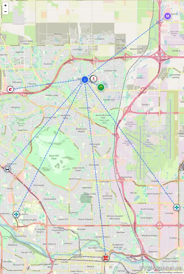 Daily accessibility map for 54 PANAMOUNT HL NW, Calgary showing nearby schools, grocery stores, parks, LRT stations and nearby amenities