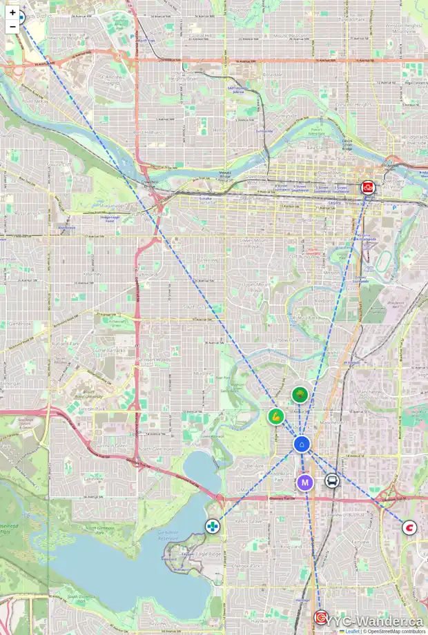Daily accessibility map for 2 516 56 AV SW, Calgary showing nearby schools, grocery stores, parks, LRT stations and nearby amenities