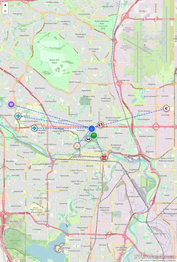 Daily accessibility map for 304 1606 4 ST NW, Calgary showing nearby schools, grocery stores, parks, LRT stations and nearby amenities