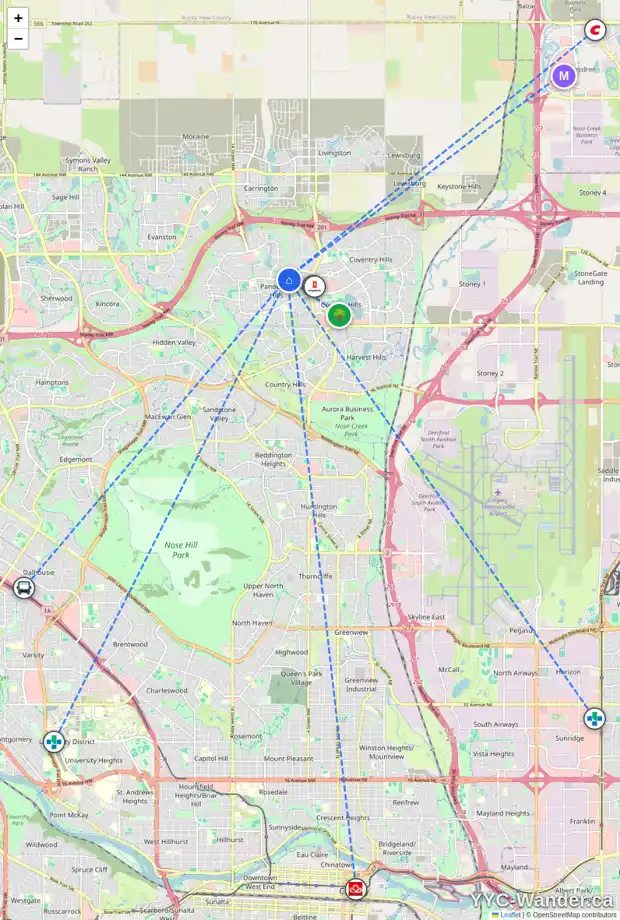 Daily accessibility map for 131 PANATELLA BV NW, Calgary showing nearby schools, grocery stores, parks, LRT stations and nearby amenities