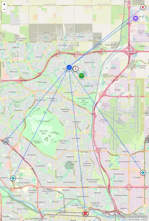 Daily accessibility map for 143 PANATELLA BV NW, Calgary showing nearby schools, grocery stores, parks, LRT stations and nearby amenities