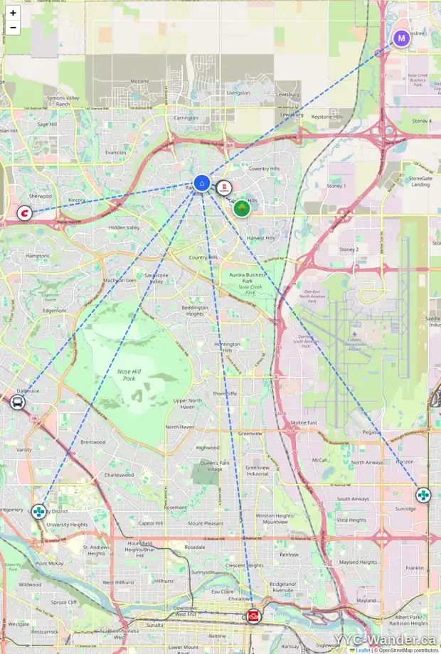 Daily accessibility map for 170 PANATELLA BV NW, Calgary showing nearby schools, grocery stores, parks, LRT stations and nearby amenities