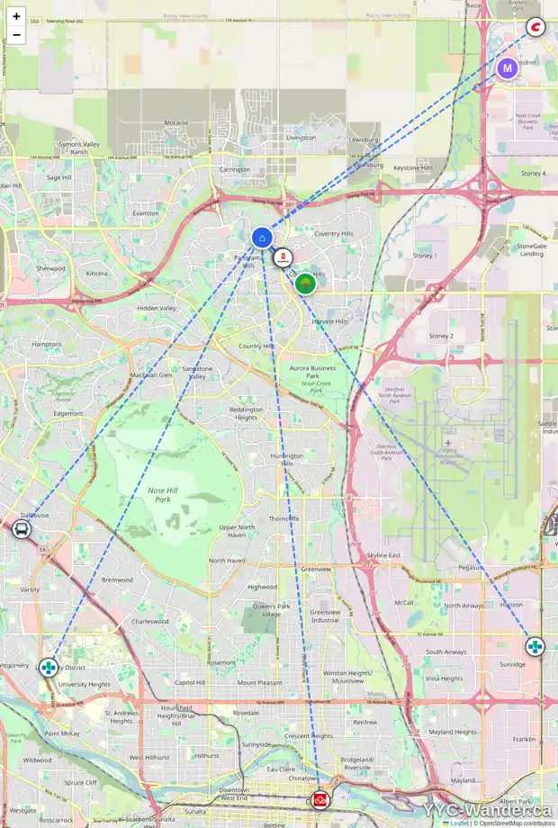 Daily accessibility map for 75 PANATELLA CL NW, Calgary showing nearby schools, grocery stores, parks, LRT stations and nearby amenities