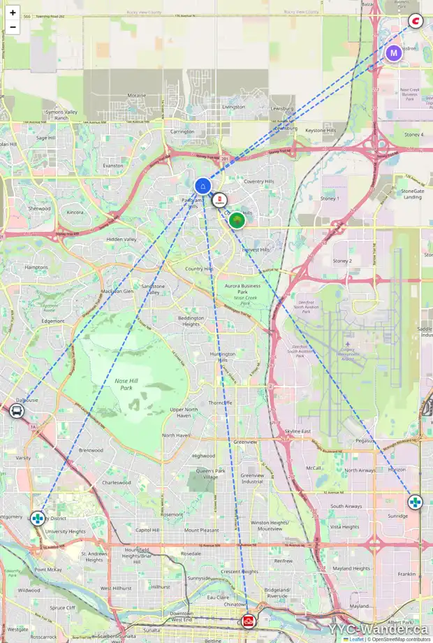 Daily accessibility map for 63 PANATELLA CL NW, Calgary showing nearby schools, grocery stores, parks, LRT stations and nearby amenities