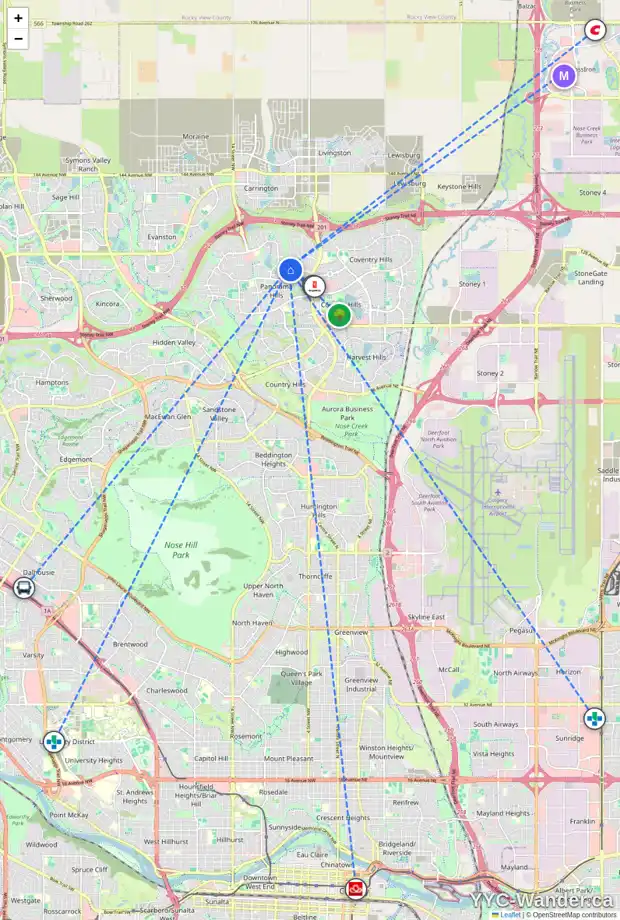 Daily accessibility map for 39 PANATELLA CL NW, Calgary showing nearby schools, grocery stores, parks, LRT stations and nearby amenities