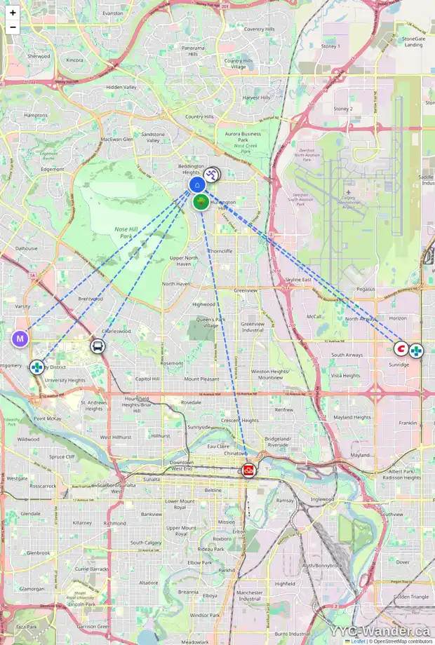 Daily accessibility map for 1008 HUNTERSTON HL NW, Calgary showing nearby schools, grocery stores, parks, LRT stations and nearby amenities